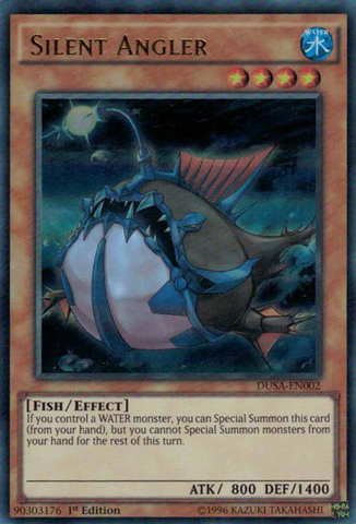 An Ultra Rare "Silent Angler" card from the Yugioh Set: Duelist Saga.