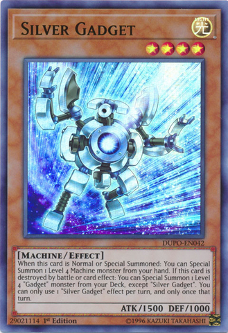 An Ultra Rare "Silver Gadget" card from the Yugioh Set: Duel Power (DUPO).