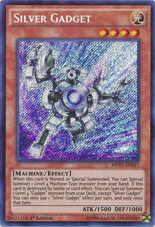  A Secret Rare "Silver Gadget" card from the Yugioh set: The Dark Side of Dimensions: Movie Pack Secret Edition.