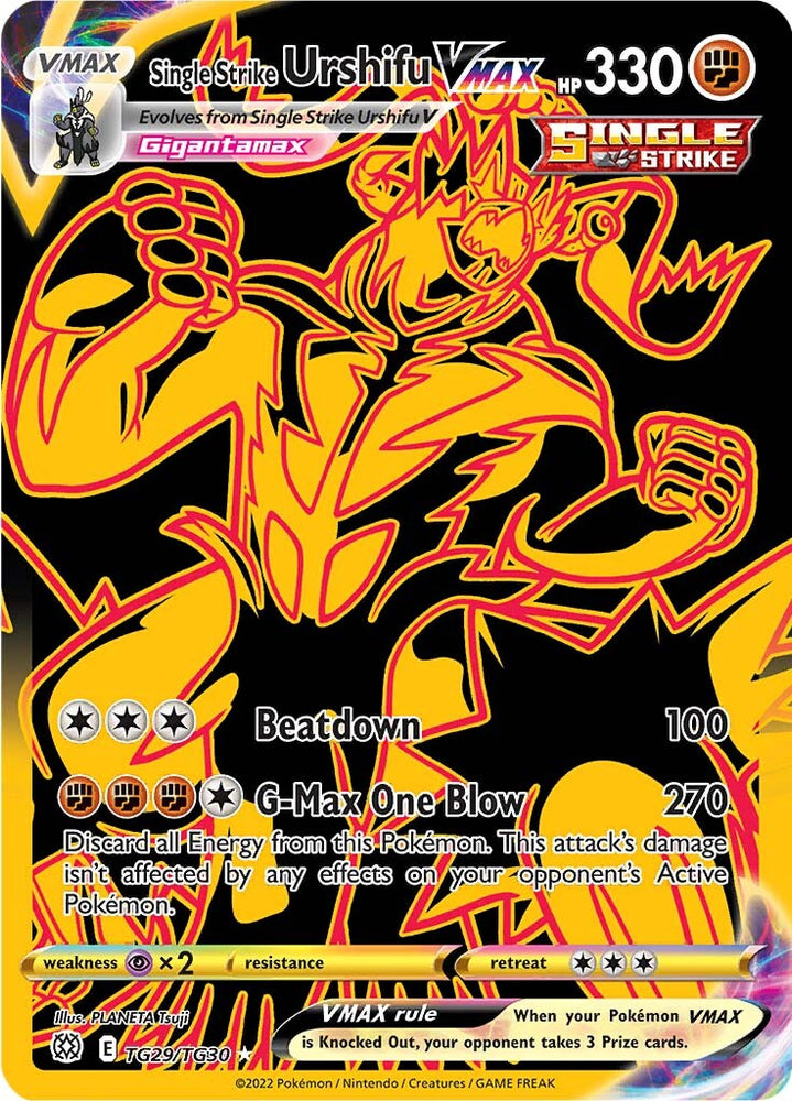 A Secret Rare "Single Strike Urshifu Vmax" (TG29/TG30) card from the Pokemon Set: Brilliant Stars.