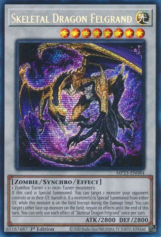 A Prismatic Secret Rare "Skeletal Dragon Felgrand" card from the Yugioh 25th Anniversary Tin: Dueling Heroes set.