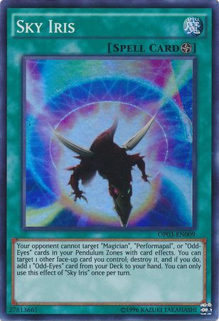 A Super Rare "Sky Iris" card from the Yugioh Set: OTS Tournament Pack 3 (OP03).