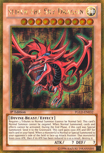A Gold Secret Rare "Slifer the Sky Dragon" card from the Yugioh Set: Premium Gold (PGLD).