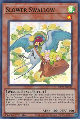 A Super Rare "Slower Swallow" card from the Yugioh 2022 Tin of the Pharaoh's Gods Set.