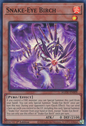 A Super Rare "Snake-Eye Birch" card from the Yugioh Set: Age of Overlord.