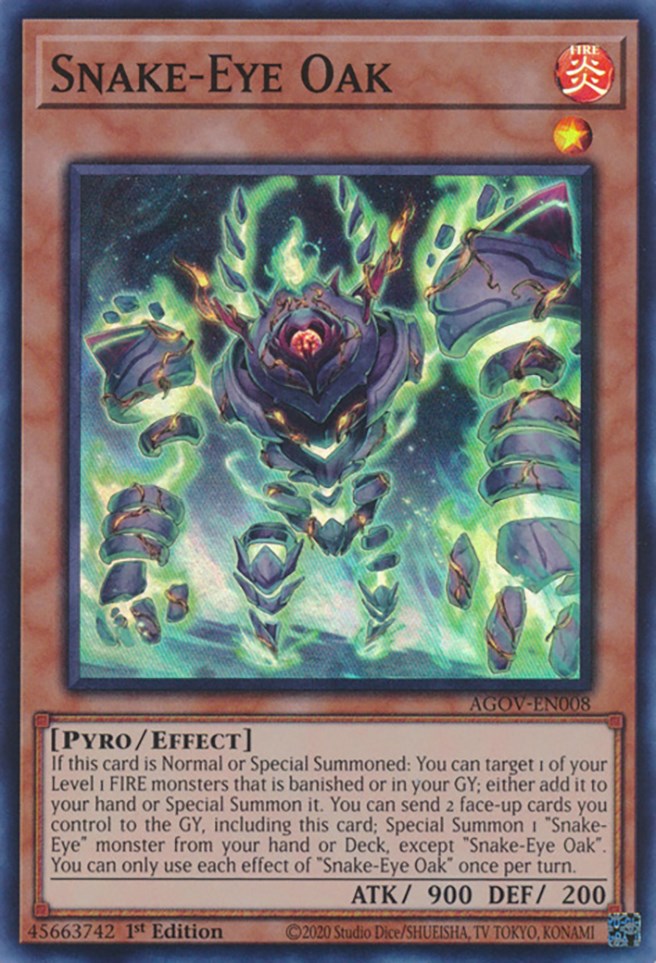 A Super Rare "Snake-Eye Oak" card from the Yugioh Set: Age of Overlord.