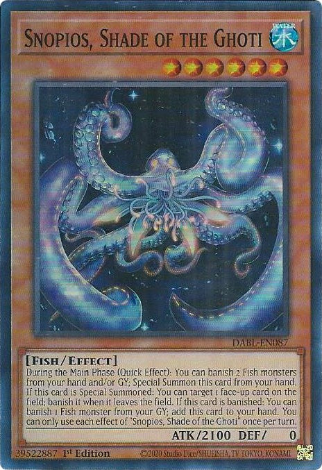 A Super Rare "Snopios, Shade of the Ghoti" card from the Yugioh Set: Darkwing Blast (DABL).