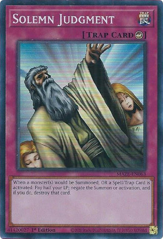 A Super Rare "Solemn Judgment" card from the Yugioh Set: Maze of Memories.