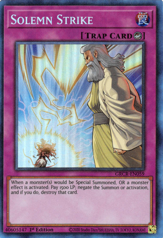 A Collector's Rare "Solemn Strike" card from the Yugioh Set: The Grand Creators (GRCR).