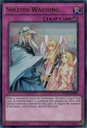 An Ultra Rare "Solemn Warning" card from the Yugioh Set: Duelist Saga (DUSA).