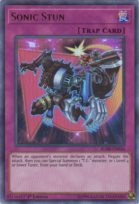 An Ultra Rare "Sonic Stun" card from the Yugioh Set: Battles of Legend: Hero's Revenge (BLHR).
