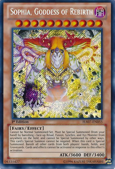 A Secret Rare "Sophia, Goddess of Rebirth" card from the Yugioh Set: Hidden Arsenal 7: Knight of Stars (HA07).