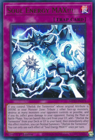 An Ultra Rare "Soul Energy Max!!!" card from the Yugioh 2022 Tin of the Pharaoh's Gods Set (MP22).