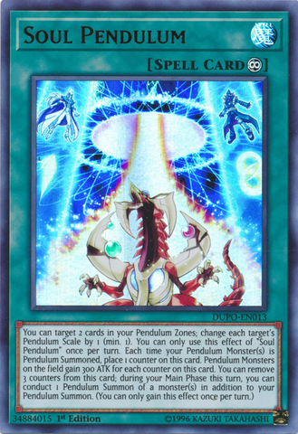 An Ultra Rare "Soul Pendulum" card from the Yugioh Set: Duel Power (DUPO).