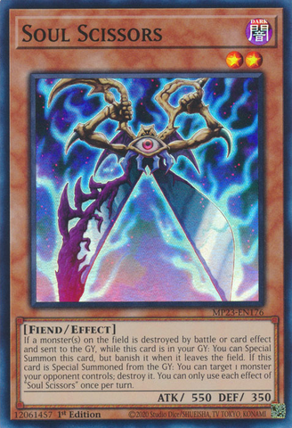 A Super Rare "Soul Scissors" card from the Yugioh Set: 25th Anniversary Tin: Dueling Heroes Mega-Tin Mega Pack.