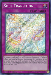 A Secret Rare "Soul Transition" card from the Yugioh Set: Secrets of Eternity (SECE).