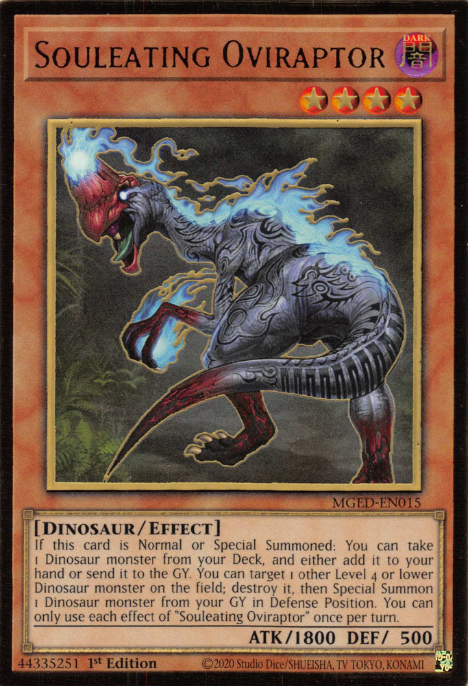  A Gold Rare "Souleating Oviraptor" card from the Yugioh Set: Maximum Gold: El Dorado.