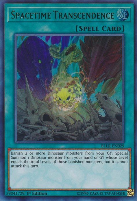 An Ultra Rare "Spacetime Transcendence" card from the Yugioh Set: Battles of Legend: Light's Revenge.