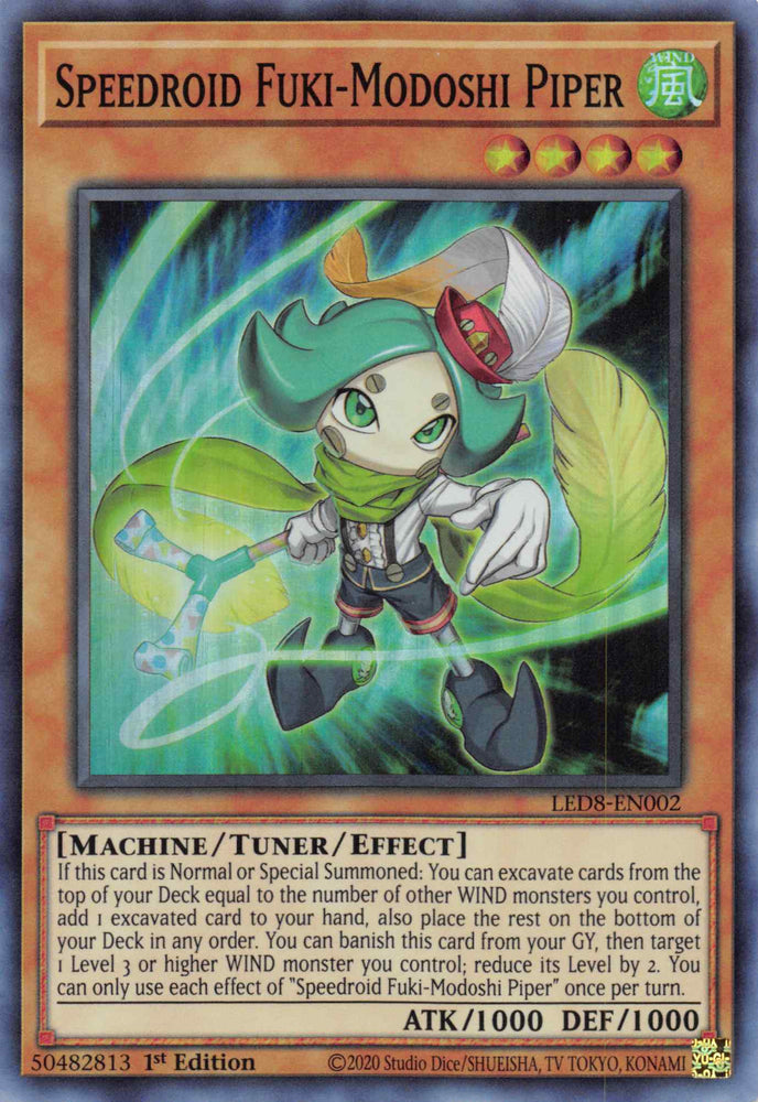  A Super Rare "Speedroid Fuki-Modoshi Piper" card from the Yugioh Set: Legendary Duelists: Synchro Storm (LED8).