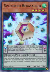 An Ultra Rare "Speedroid Hexasaucer" card from the Yugioh Set: Duel Overload (DUOV).