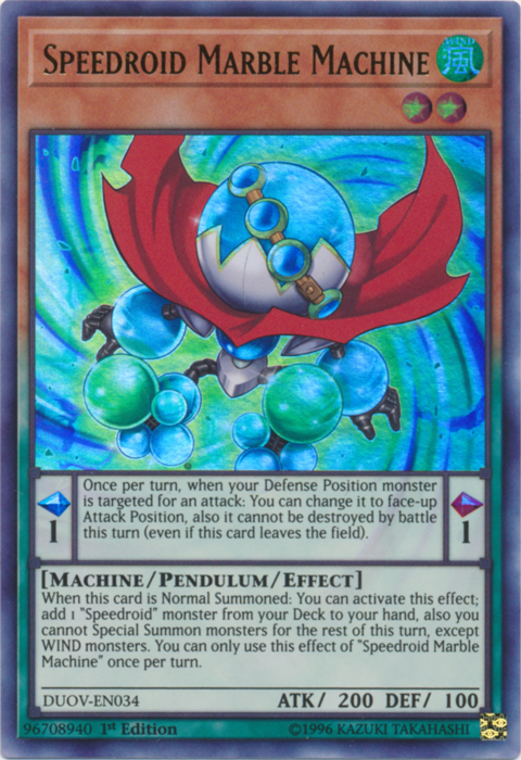 An Ultra Rare "Speedroid Marble Machine" card from the Yugioh Set: Duel Overload (DUOV).