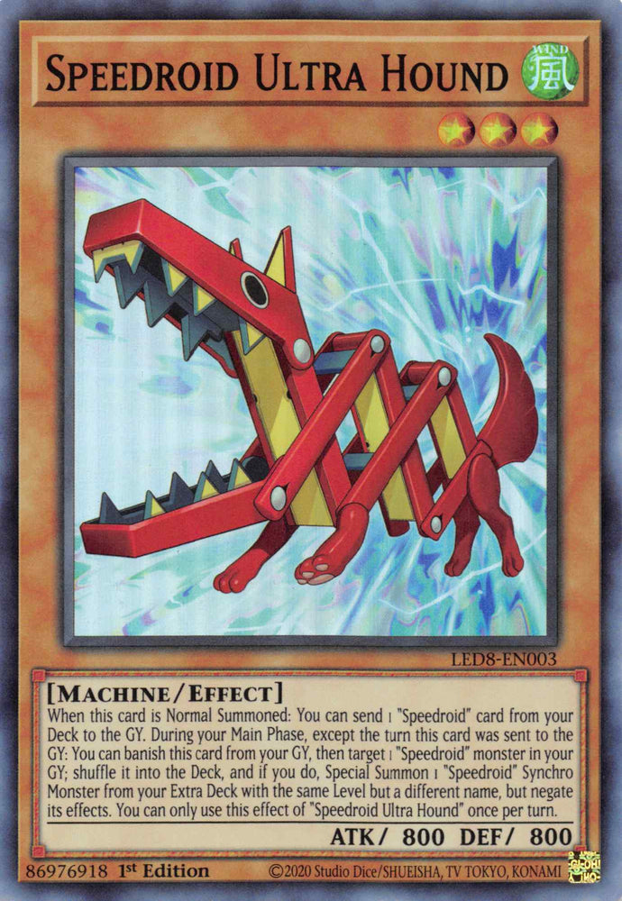  A Super Rare "Speedroid Ultra Hound" card from the Yugioh Set: Legendary Duelists: Synchro Storm (LED8).