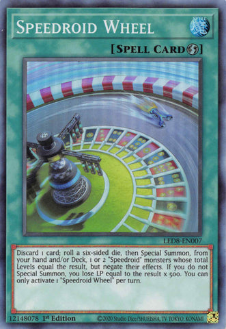  A Super Rare "Speedroid Wheel" card from the Yugioh Set: Legendary Duelists: Synchro Storm (LED8).