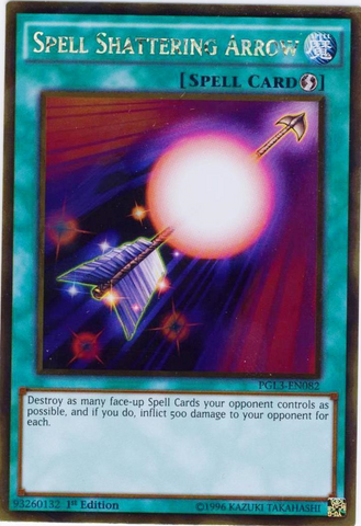 A Gold Rare "Spell Shattering Arrow" card from the Yugioh Set: Premium Gold: Return of the Bling (PGL3).