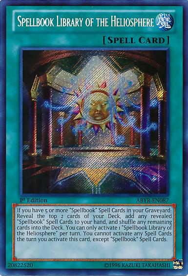 A Secret Rare "Spellbook Library of the Heliosphere" card from the Yugioh Set: Abyss Rising (ABYR).