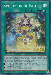 A Super Rare "Spellbook of Fate" card from the Yugioh Set: Maze of Memories.