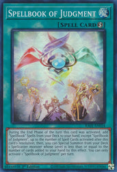 A Super Rare "Spellbook of Judgment" card from the Yugioh Set: Rarity Collection 1 (RA01).