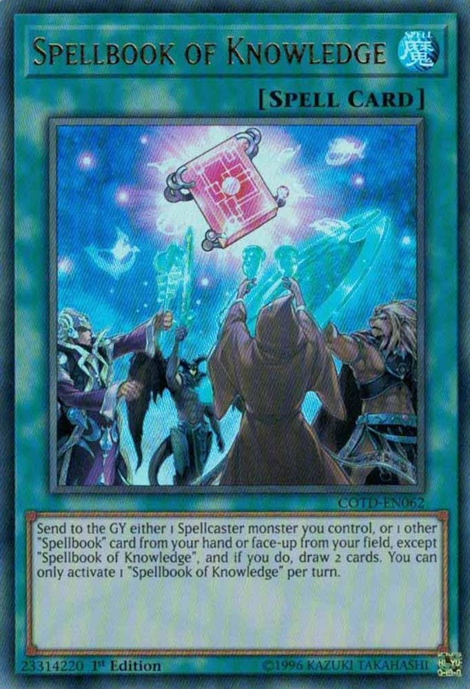 An Ultra Rare "Spellbook of Knowledge" card from the Yugioh Set: Code of the Duelist.