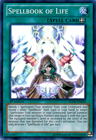 A Super Rare "Spellbook of Life" card from the Yugioh Set: Return of the Duelist.