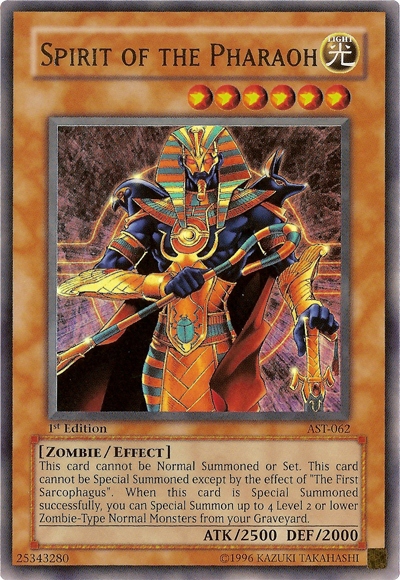 An Ultra Rare "Spirit of the Pharaoh" card from the Yugioh Set: Ancient Sanctuary (AST).