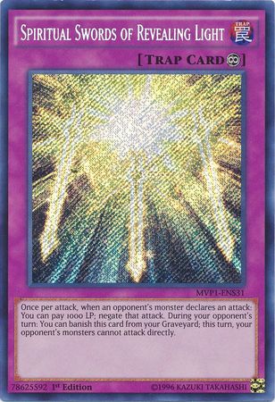 A Secret Rare "Spiritual Swords of Revealing Light" card from the Yugioh Set: The Dark Side of Dimensions Movie Pack Secret Edition (MVP1).