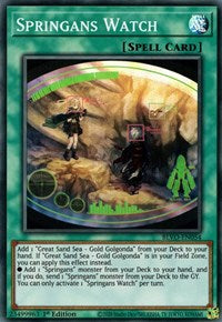 A Super Rare "Springans Watch" card from the Yugioh Set: Blazing Vortex.