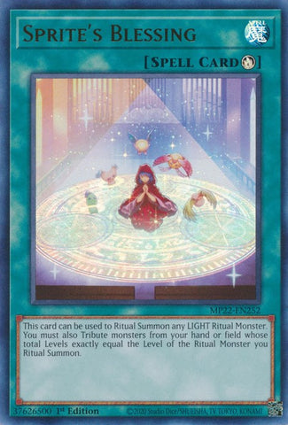 An Ultra Rare "Sprite's Blessing" card from the Yugioh 2022 Tin of the Pharaoh's Gods Set (MP22).