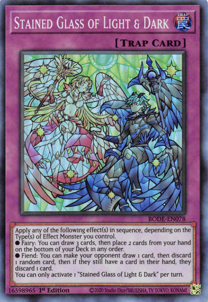 A Super Rare "Stained Glass of Light & Dark" card from the Yugioh Set: Burst of Destiny (BODE).