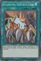 A Super Rare "Stamping Destruction" card from the Yugioh Set: Mystic Fighters.