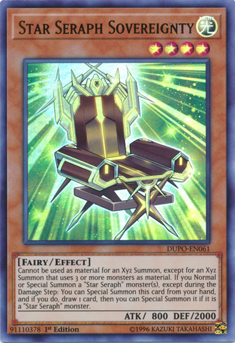 An Ultra Rare "Star Seraph Sovereignty" card from the Yugioh Set: Duel Power (DUPO).