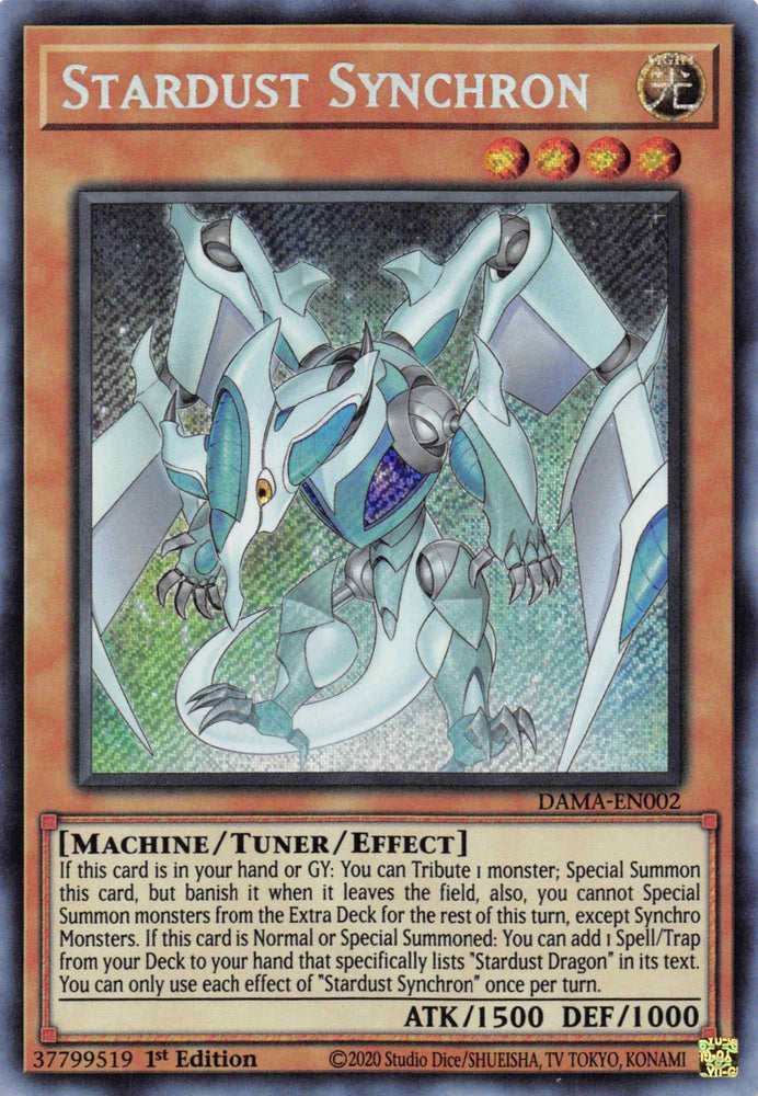 A Secret Rare "Stardust Synchron" card from the Yugioh Set: Dawn of Majesty (DAMA).