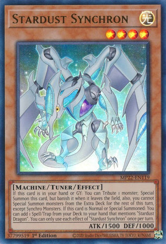 An Ultra Rare "Stardust Synchron" card from the Yugioh 2022 Tin of the Pharaoh's Gods Set (MP22).