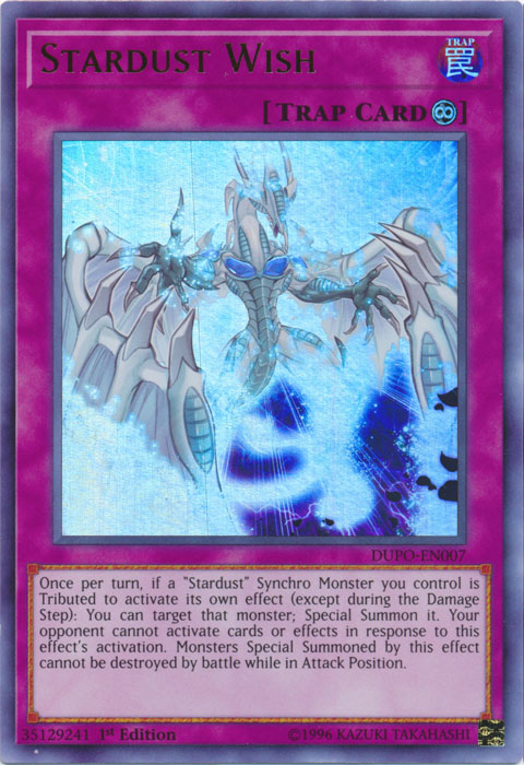 An Ultra Rare "Stardust Wish" card from the Yugioh Set: Duel Power (DUPO).