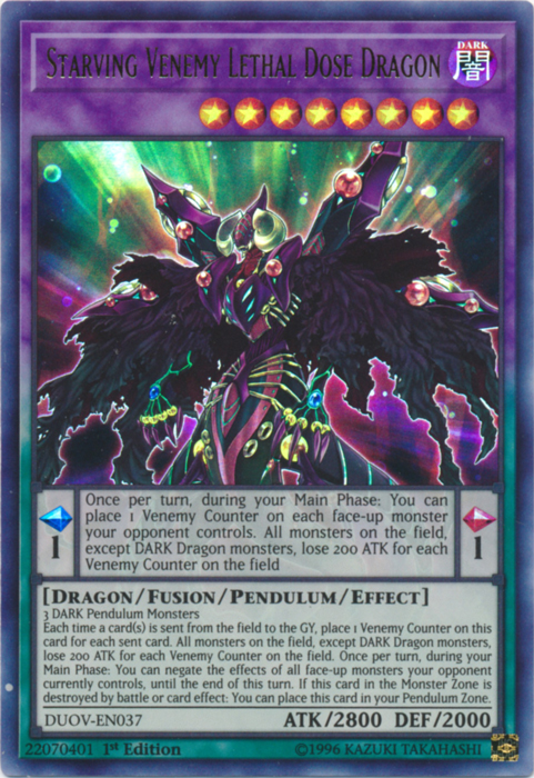 An Ultra Rare "Starving Venemy Lethal Dose Dragon" card from the Yugioh Set: Duel Overload (DUOV).