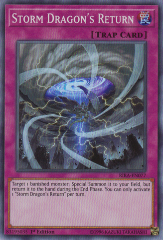 A Super Rare "Storm Dragon's Return" card from the Yugioh Set: Rising Rampage (RIRA).