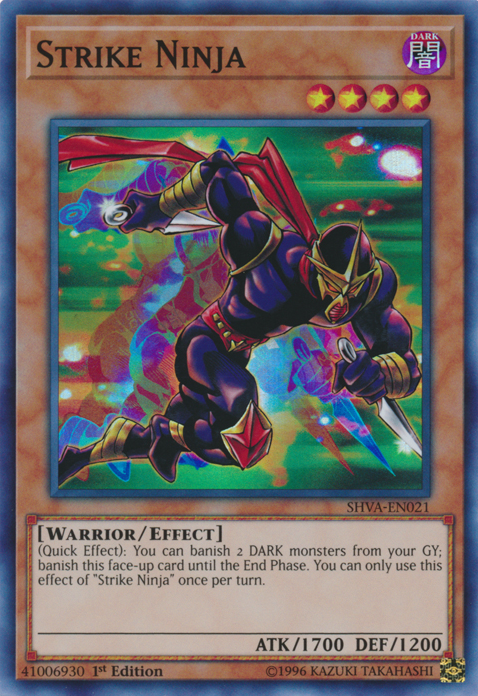 A Super Rare "Strike Ninja" card from the Yugioh Set: Shadows in Valhalla (SHVA).