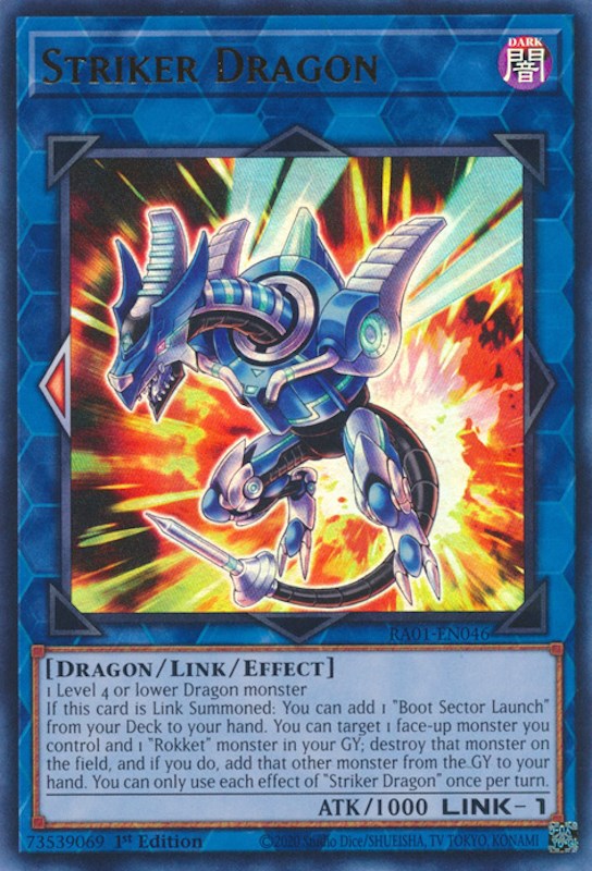 An Ultra Rare "Striker Dragon" card from the Yugioh Set: Rarity Collection 1 (RA01).
