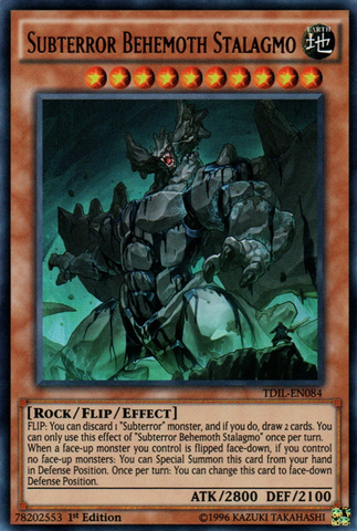 An Ultra Rare "Subterror Behemoth Stalagmo" card from the Yugioh Set: The Dark Illusion (TDIL).