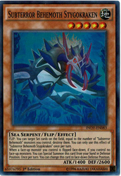 A Super Rare "Subterror Behemoth Stygokraken" card from the Yugioh Set: Invasion: Vengeance (INOV).