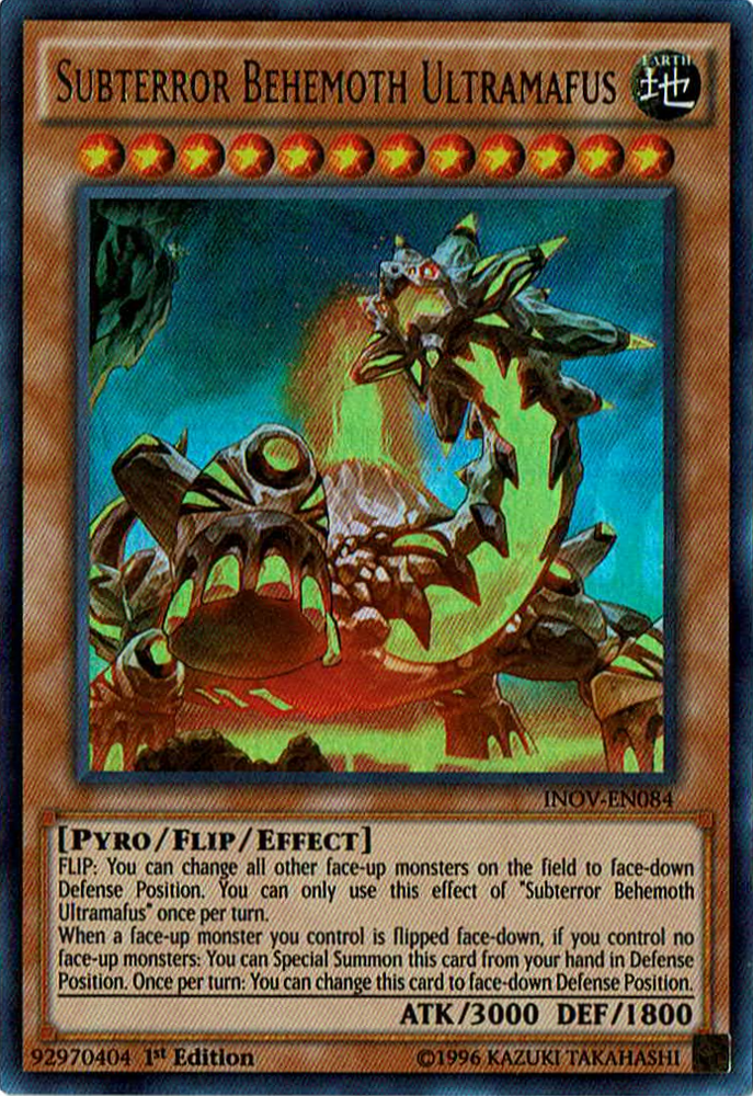 An Ultra Rare "Subterror Behemoth Ultramafus" card from the Yugioh Set: Invasion: Vengeance (INOV).